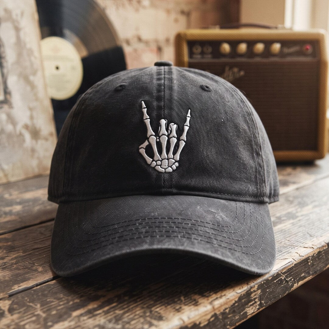 Skeleton Hand Rock On Sign Embroidered Hat — Washed Hat