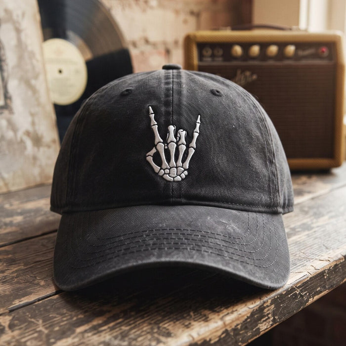 Skeleton Hand Rock On Sign Embroidered Hat