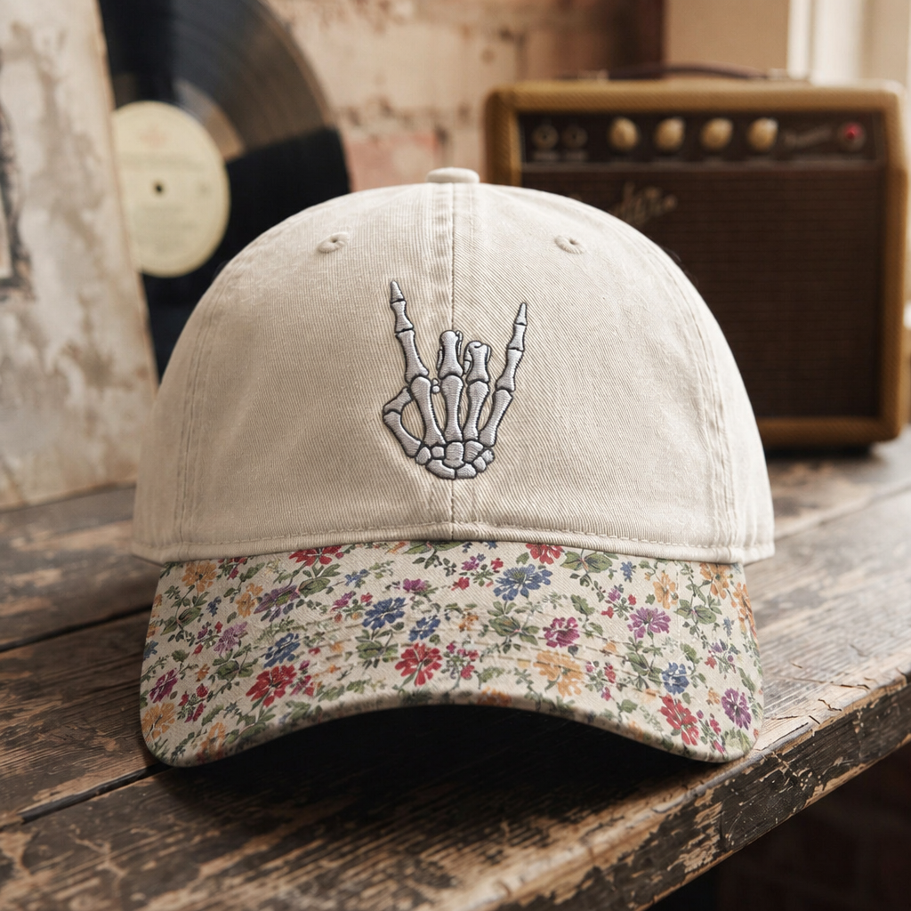 Skeleton Hand Rock On Sign Embroidered Floral & Leopard Brim Hat