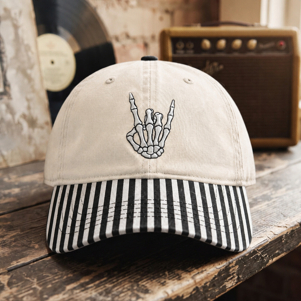 Skeleton Hand Rock On Sign Embroidered Gingham & Stripe Brim Hat