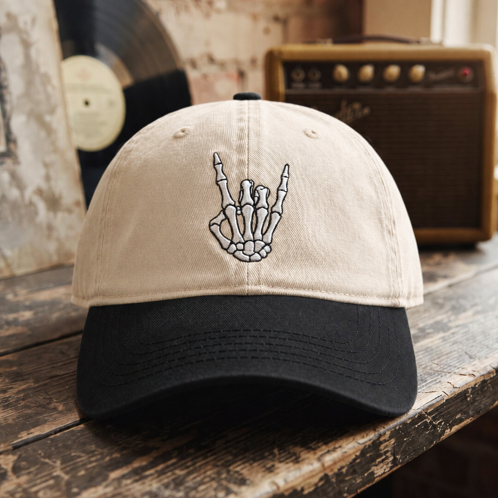 Skeleton Hand Rock On Sign Embroidered Two-Tone Hat
