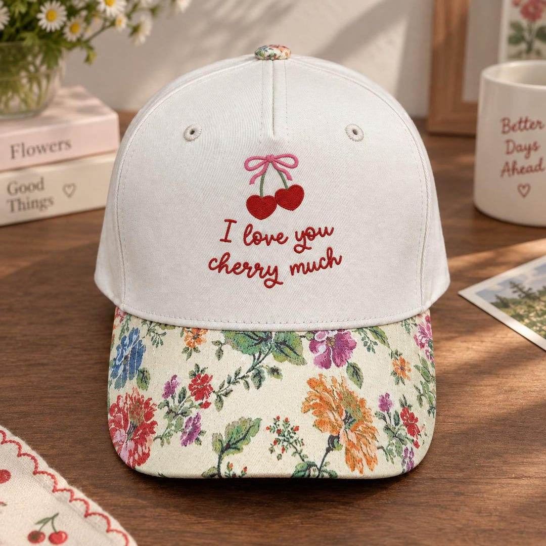 I Love You Cherry Much Coquette Bow Heart Cherries embroidered floral & leopard brim hat — front view