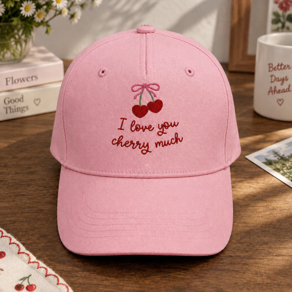 I Love You Cherry Much Coquette Bow Heart Cherries Embroidered Hat