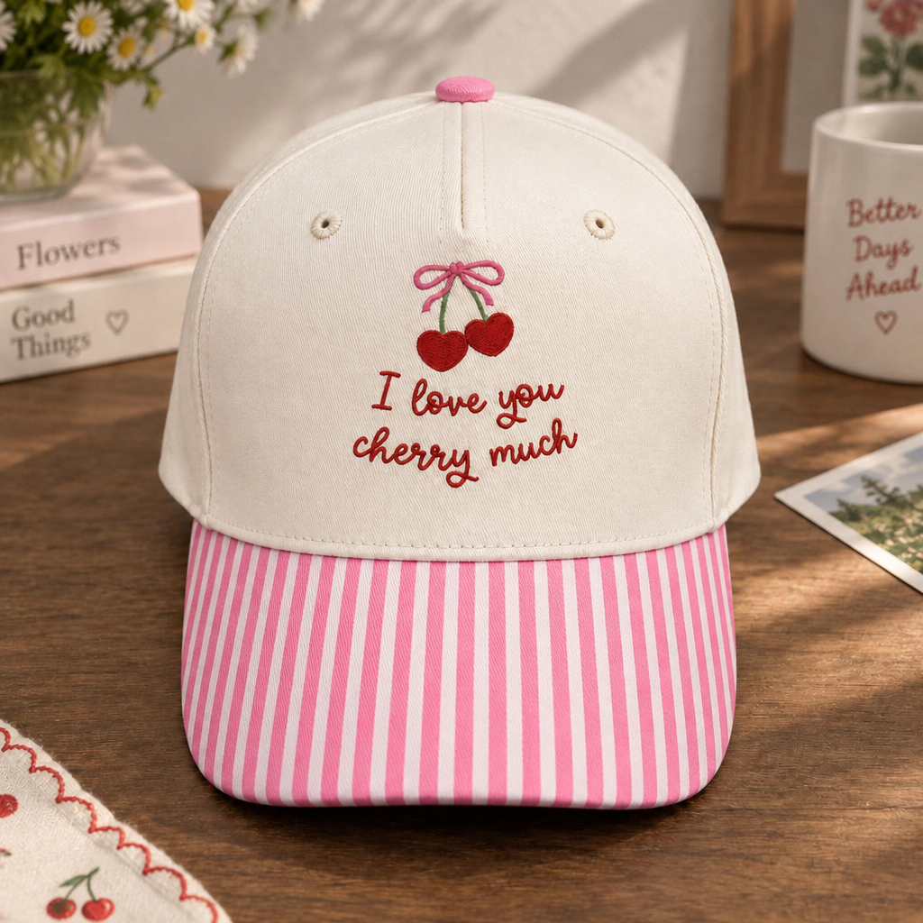 I Love You Cherry Much Coquette Bow Heart Cherries Embroidered Gingham & Stripe Brim Hat
