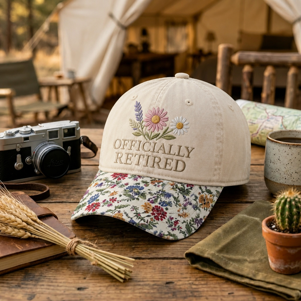 Officially Retired Wildflower Floral Botanical Retirement Embroidered Floral & Leopard Brim Hat