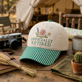Officially Retired Wildflower Floral Botanical Retirement Embroidered Gingham & Stripe Brim Hat