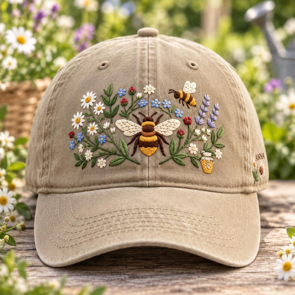 Personalized Honey Bee Wildflower Garden Cottagecore Embroidered Hat — Washed Hat