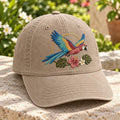 Tropical Macaw Parrot Flying Hibiscus Floral Embroidered Hat — Washed Hat
