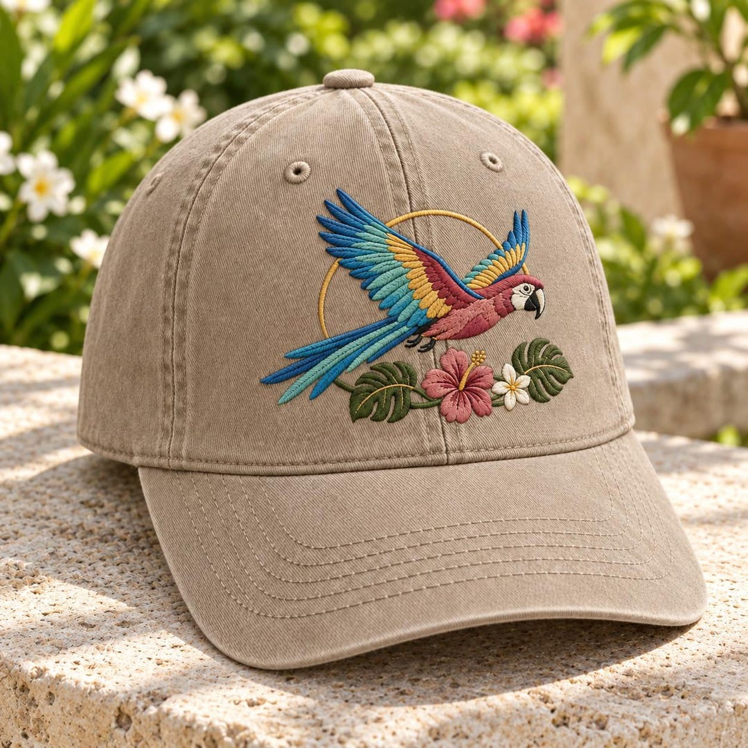 Tropical Macaw Parrot Flying Hibiscus Floral Embroidered Hat — Washed Hat