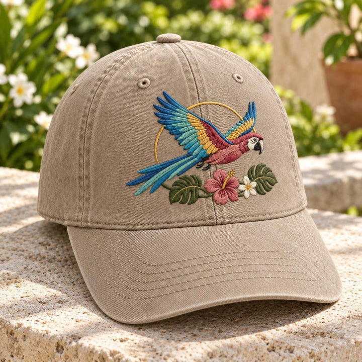 Tropical Macaw Parrot Flying Hibiscus Floral Embroidered Hat — Washed Hat