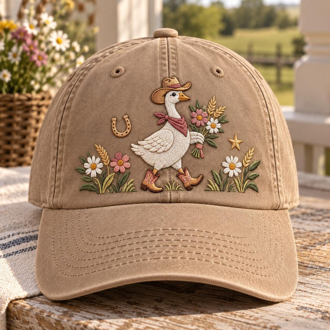 Cowboy Goose Wildflowers Horseshoe Western Floral Embroidered Hat — Washed Hat