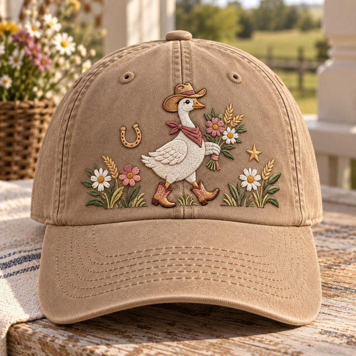 Cowboy Goose Wildflowers Horseshoe Western Floral Embroidered Hat — Washed Hat