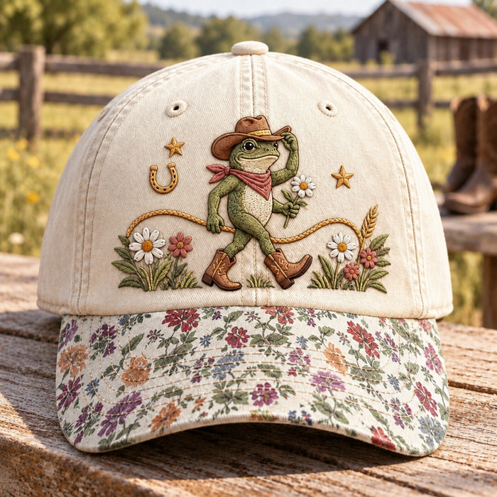 Cowboy Frog Wildflower Daisy Horseshoe Western Country Embroidered Floral & Leopard Brim Hat