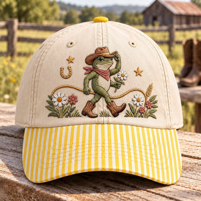 Cowboy Frog Wildflower Daisy Horseshoe Western Country Embroidered Gingham & Stripe Brim Hat