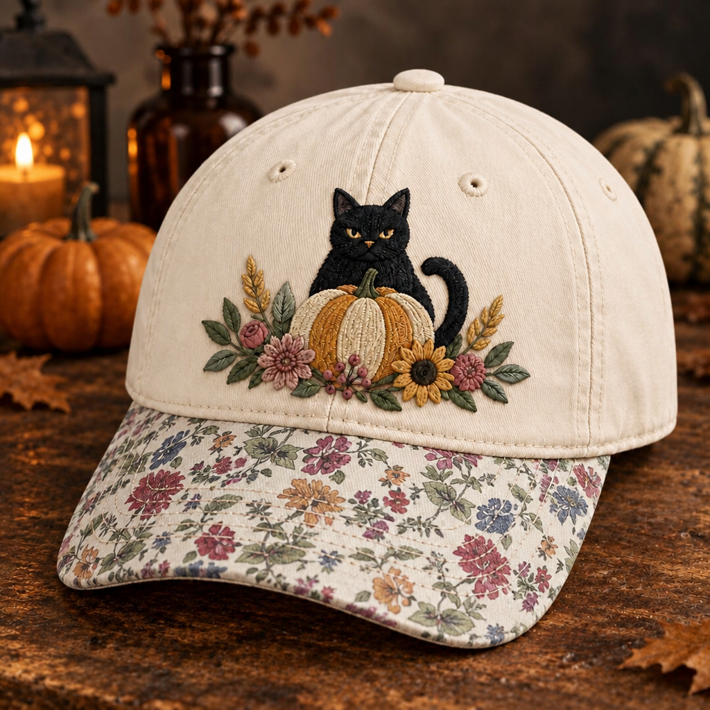 Black Cat Pumpkin Floral Autumn Harvest Embroidered Floral & Leopard Brim Hat