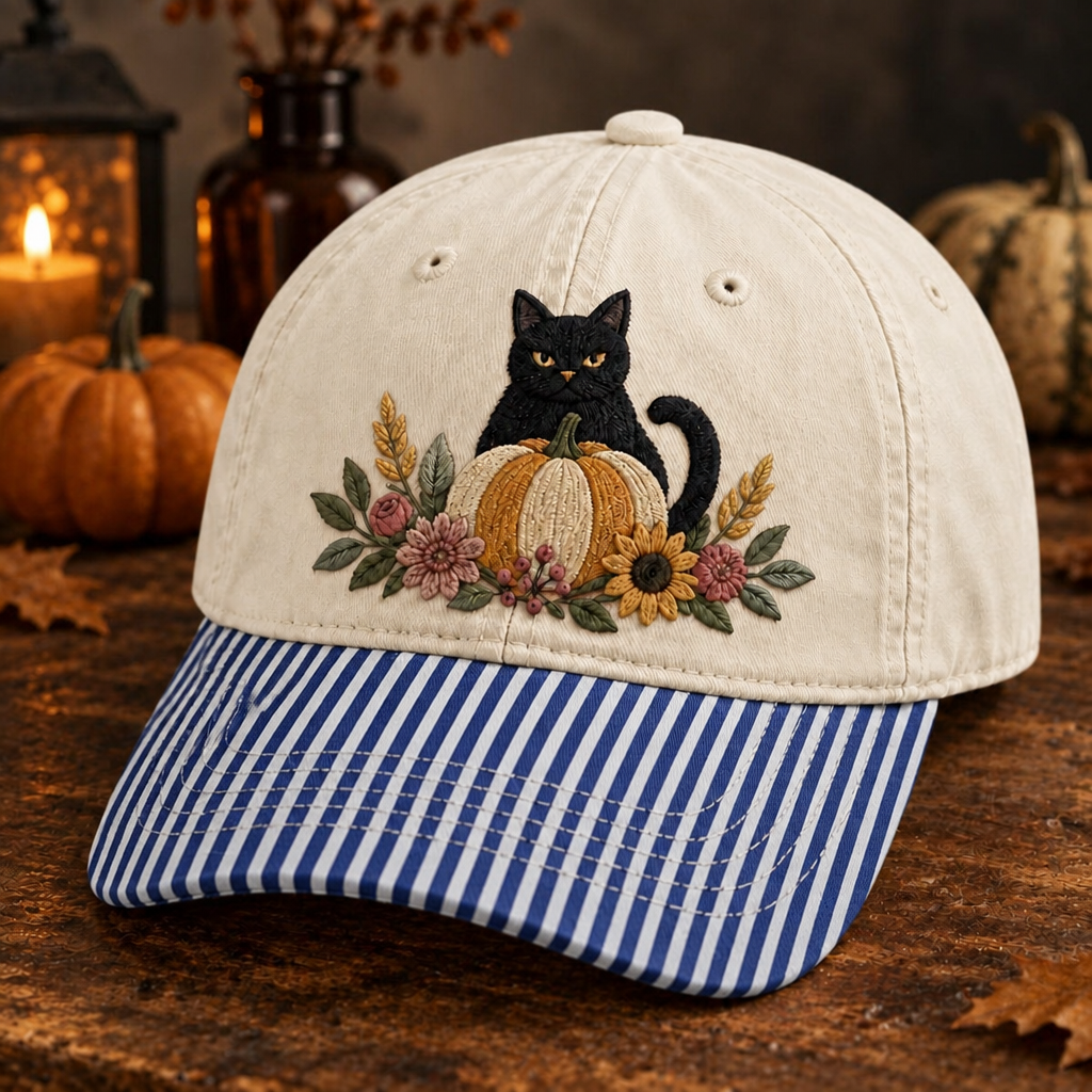 Black Cat Pumpkin Floral Autumn Harvest Embroidered Gingham & Stripe Brim Hat