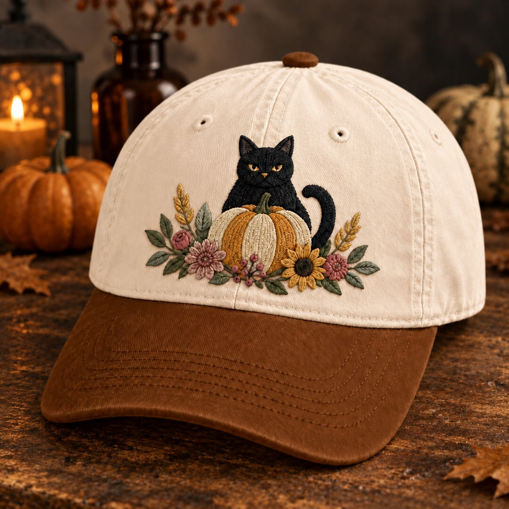 Black Cat Pumpkin Floral Autumn Harvest Embroidered Two-Tone Hat