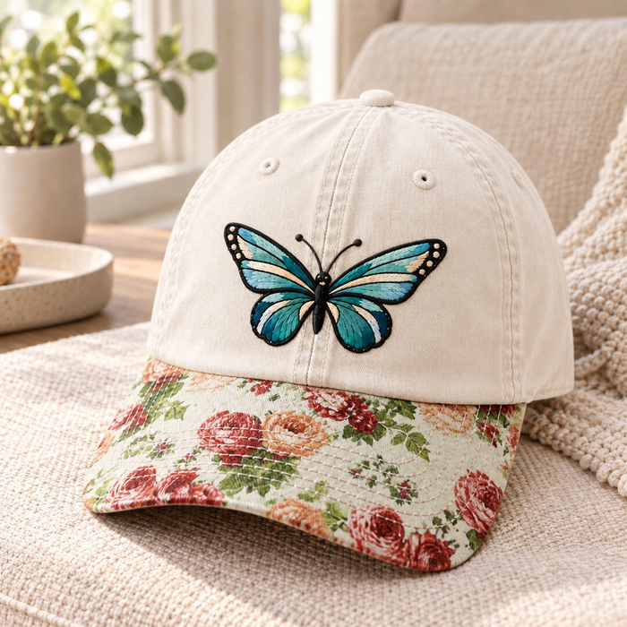 Butterfly Teal Blue Wings Nature Embroidered Floral & Leopard Brim Hat
