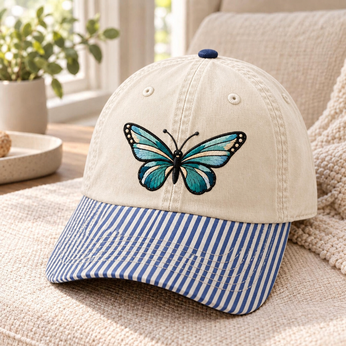 Butterfly Teal Blue Wings Nature Embroidered Gingham & Stripe Brim Hat