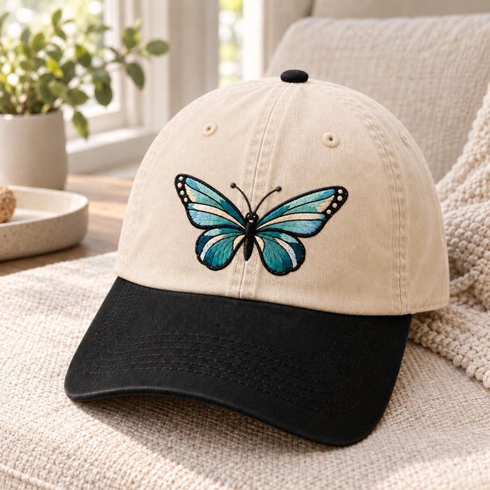 Butterfly Teal Blue Wings Nature Embroidered Two-Tone Hat