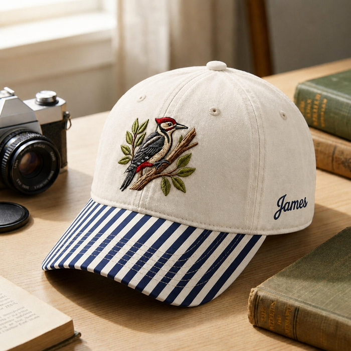 Personalized Woodpecker On Branch Bird Lover Embroidered Gingham & Stripe Brim Hat