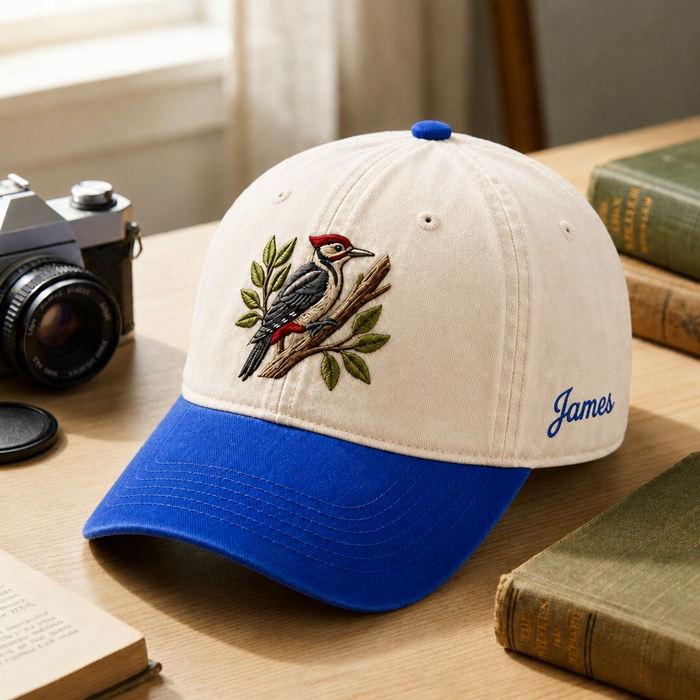 Personalized Woodpecker On Branch Bird Lover Embroidered Two-Tone Hat