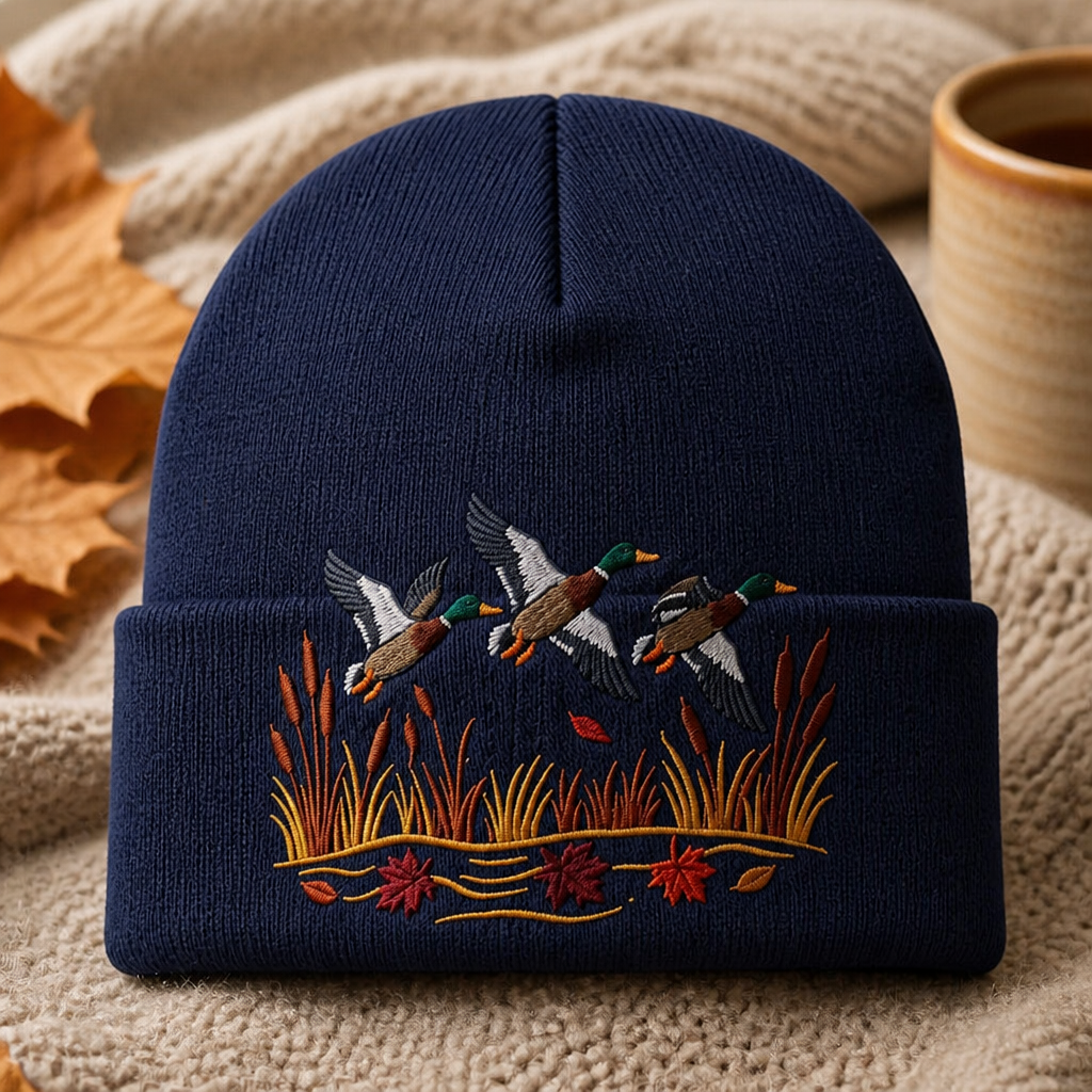 Personalized Mallard Ducks Flying Autumn Marsh Cattail Fall Leaves Wildlife Embroidered Beanie