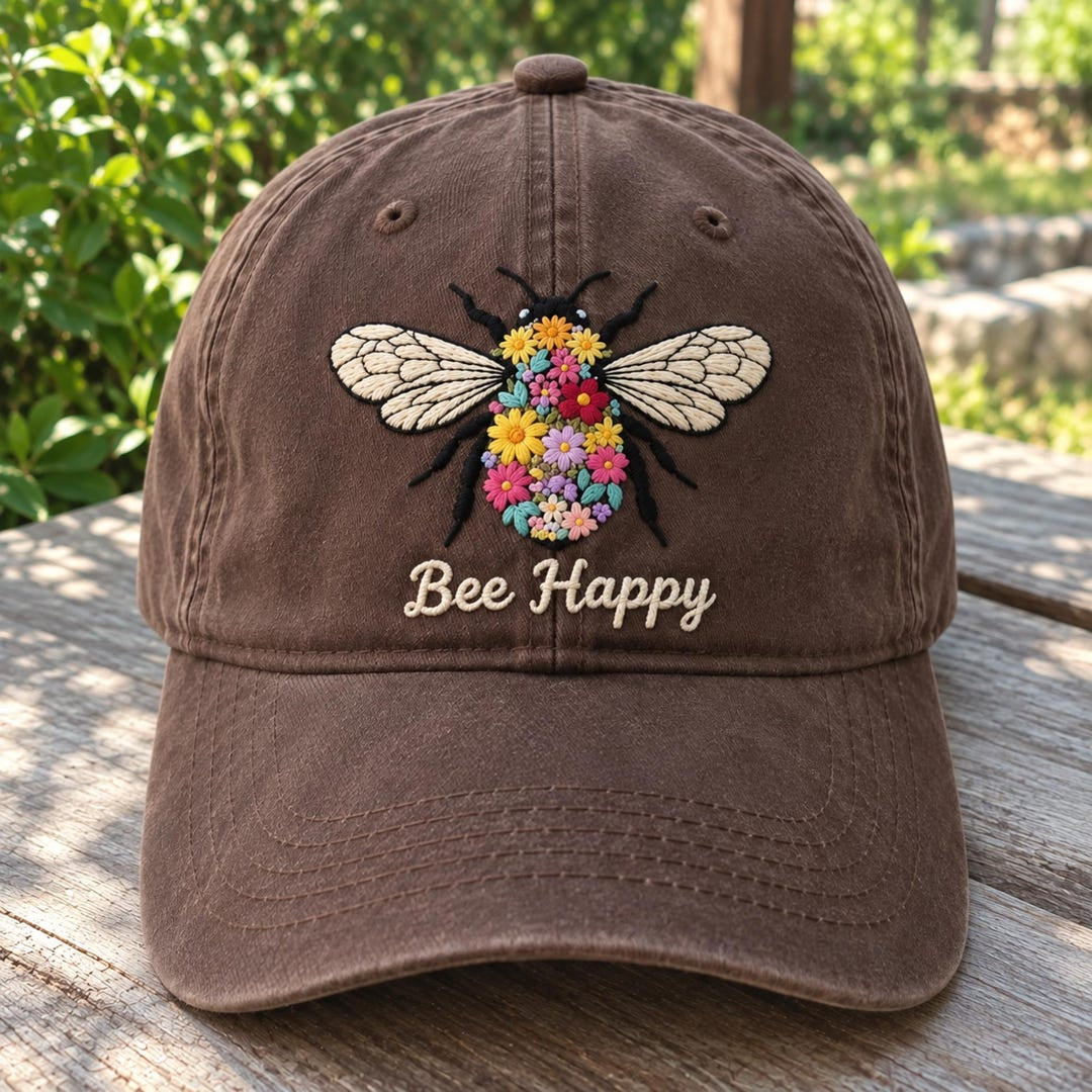 Bee Happy Floral Bee Nature Wildflower Embroidered Hat — Washed Hat