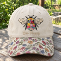 Bee Happy Floral Bee Nature Wildflower Embroidered Floral & Leopard Brim Hat