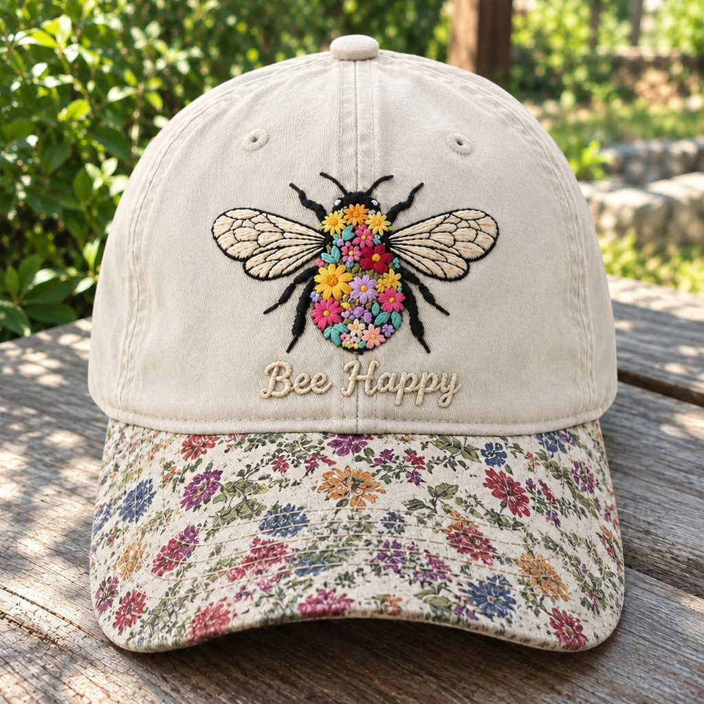 Bee Happy Floral Bee Nature Wildflower Embroidered Floral & Leopard Brim Hat