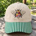 Bee Happy Floral Bee Nature Wildflower Embroidered Gingham & Stripe Brim Hat
