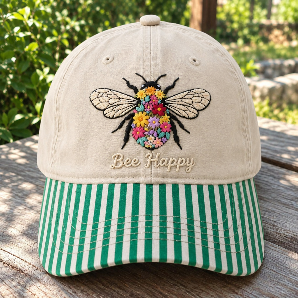 Bee Happy Floral Bee Nature Wildflower Embroidered Gingham & Stripe Brim Hat