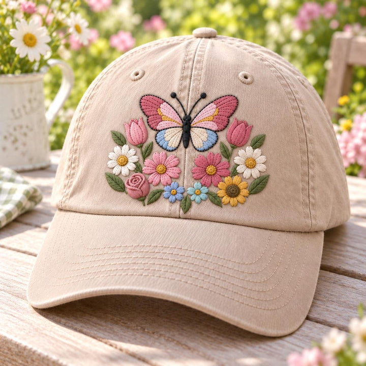 Butterfly Wildflower Garden Floral Spring Embroidered Hat — Washed Hat
