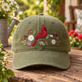 Red Cardinal Bird Wildflowers Branch Embroidered Hat — Washed Hat