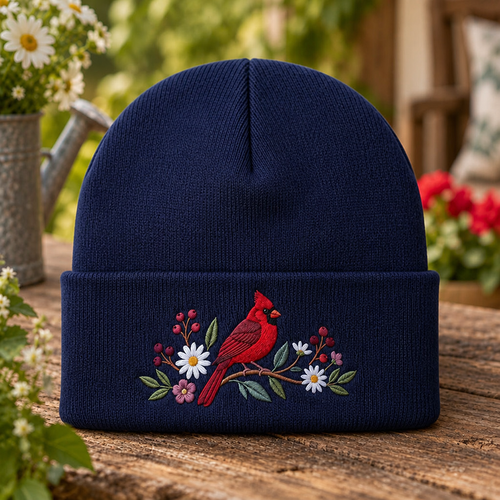 Red Cardinal Bird Wildflowers Branch Embroidered Beanie