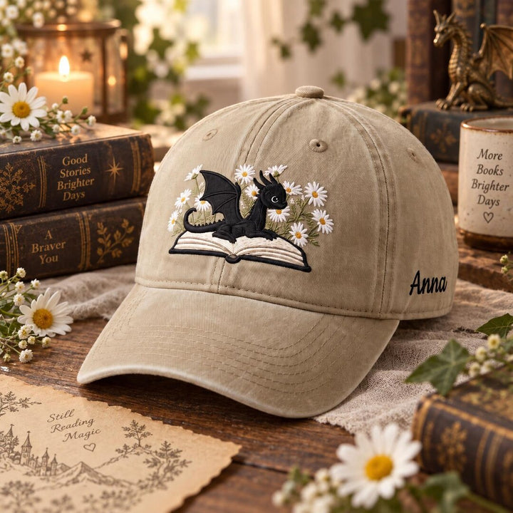 Personalized Dragon Reading Book Daisy Floral Fantasy Embroidered Hat — Washed Hat