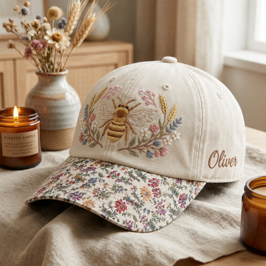 Personalized Bumble Bee Wildflower Botanical Floral Custom Name Embroidered Floral & Leopard Brim Hat