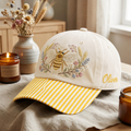 Personalized Bumble Bee Wildflower Botanical Floral Custom Name Embroidered Gingham & Stripe Brim Hat