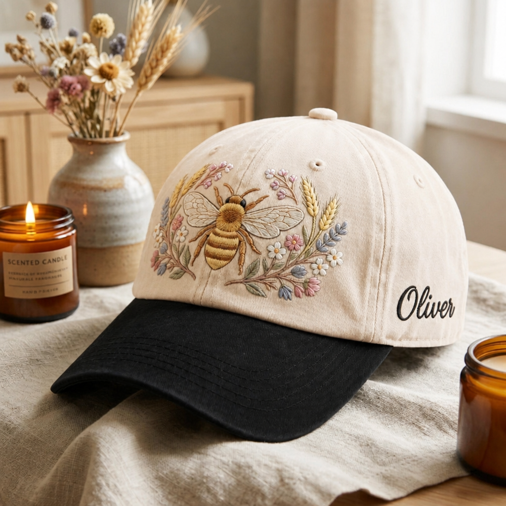 Personalized Bumble Bee Wildflower Botanical Floral Custom Name Embroidered Two-Tone Hat