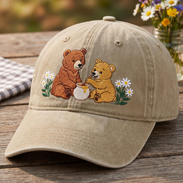 Personalized Two Bears Honey Pot Daisy Flowers Cottagecore Embroidered Hat