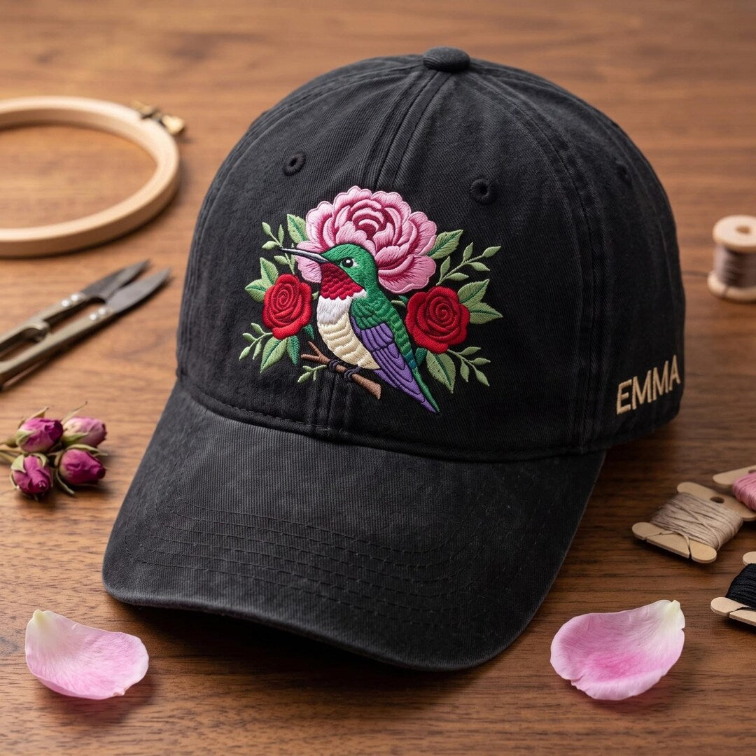 Personalized Hummingbird Rose Garden Floral Embroidered Hat — Washed Hat