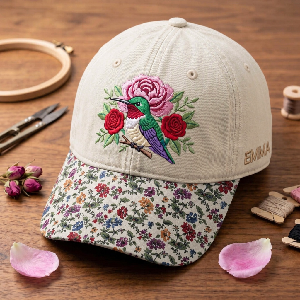 Personalized Hummingbird Rose Garden Floral Embroidered Floral & Leopard Brim Hat