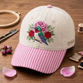 Personalized Hummingbird Rose Garden Floral Embroidered Gingham & Stripe Brim Hat