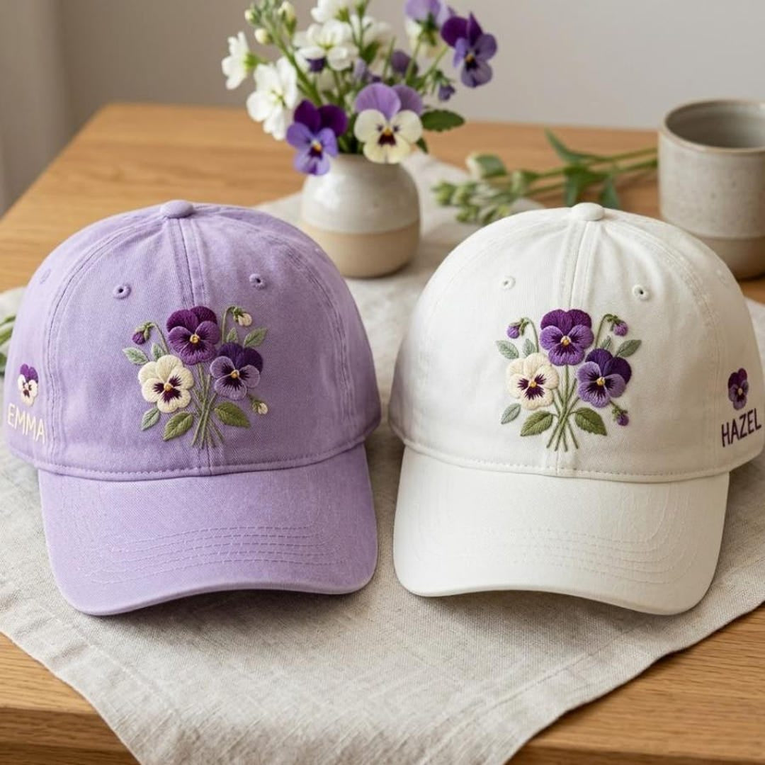 Personalized Pansy Flower Bouquet Custom Name Embroidered Hat — Washed Hat