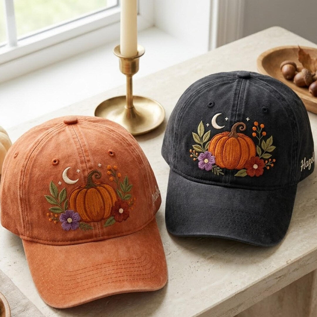 Personalized Fall Pumpkin Floral Moon Crescent Wildflowers Custom Name Embroidered Hat — Washed Hat