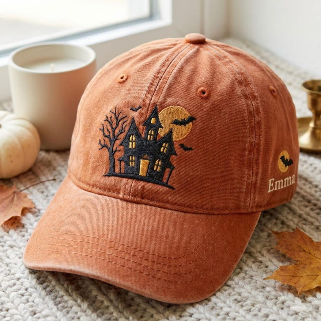 Personalized Halloween Haunted House Bats Moon Spooky Embroidered Hat — Washed Hat