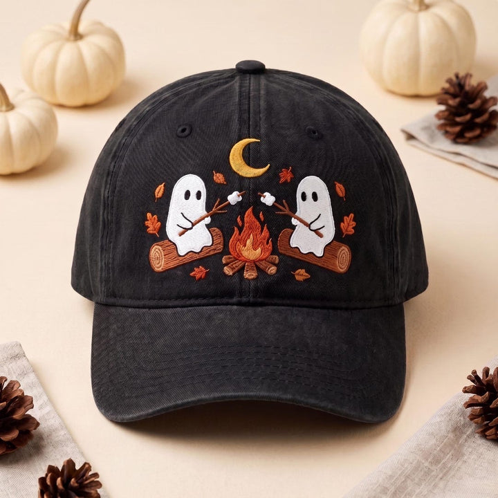 Halloween Two Ghosts Campfire Marshmallow Moon Fall Leaves Embroidered Hat — Washed Hat