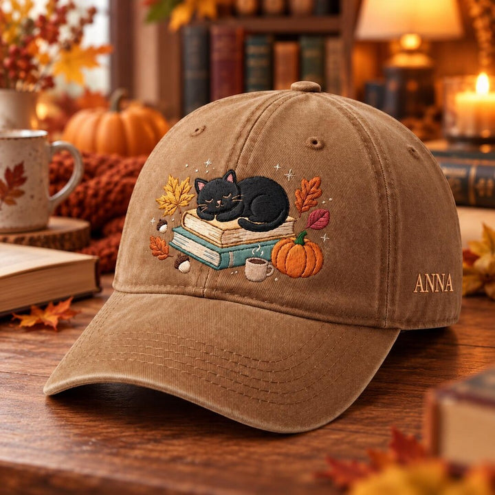 Personalized Sleeping Black Cat Books Autumn Pumpkin Leaves Embroidered Hat — Washed Hat