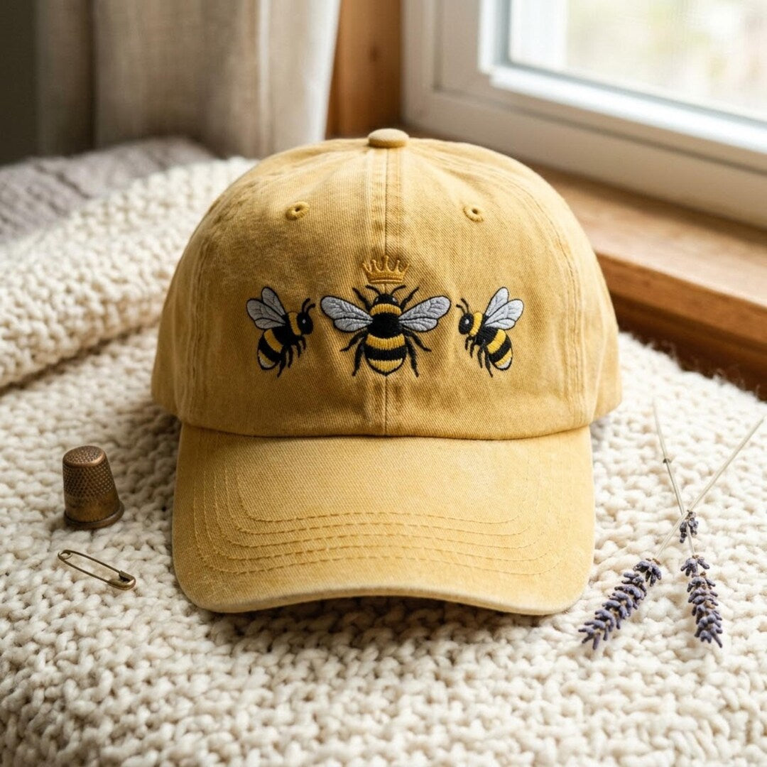 Queen Bee Worker Bee Trio Crown Honey Bee Embroidered Hat — Washed Hat