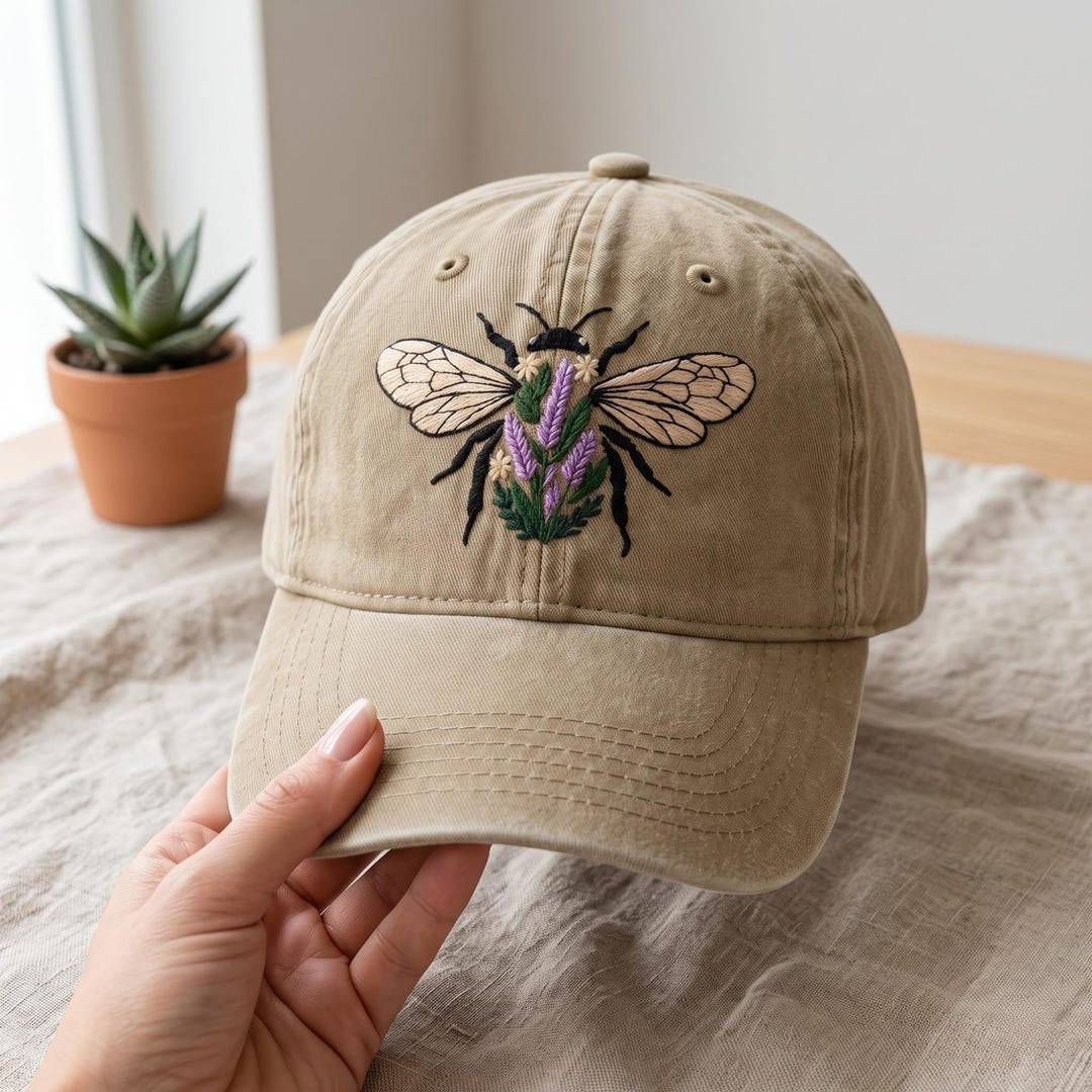 Floral Bee Lavender Botanical Garden Embroidered Hat — Washed Hat